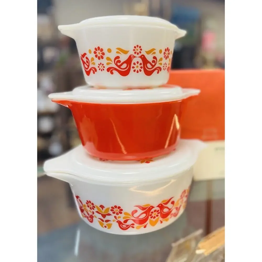 Pyrex Friendship 480-45 3 Casserole Set 473 474 475 NEW WITH BOX White Covers